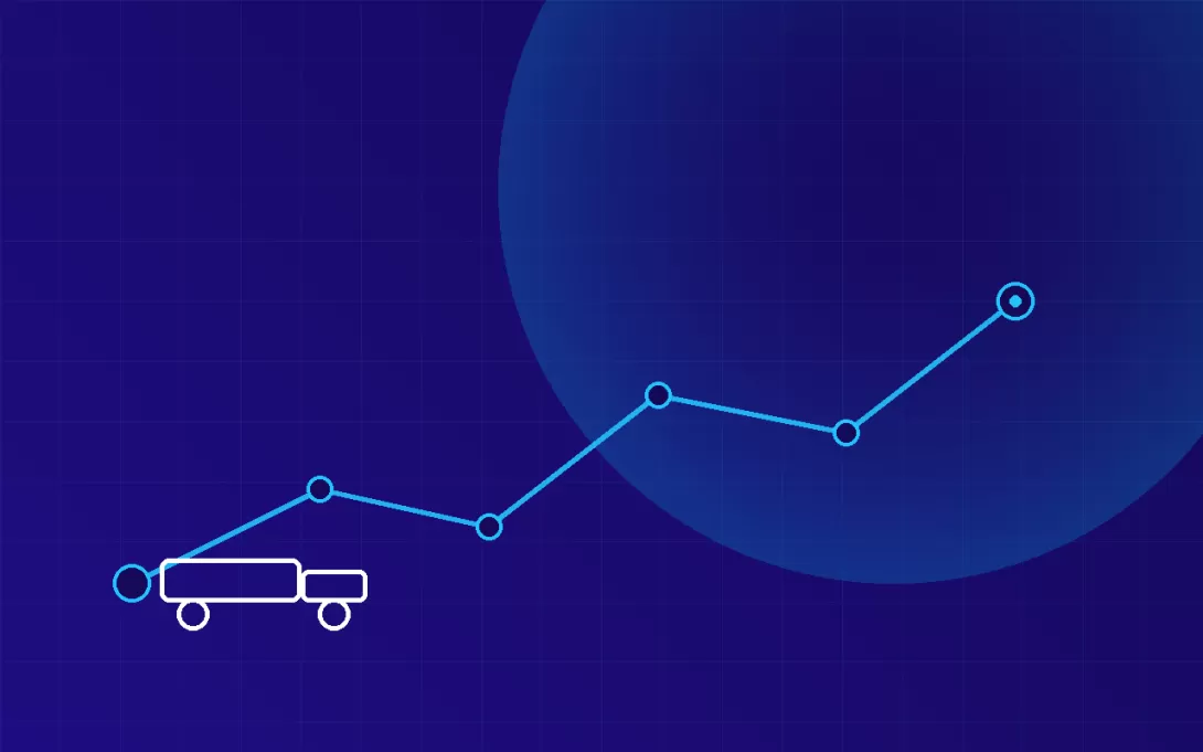 Illustration of a GPS-tracked cargo truck route with waypoints, representing GPS-verified trip logs for fleet revenue leakage prevention